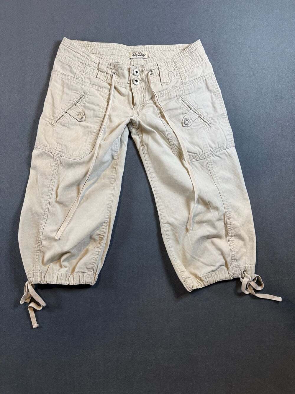 Y2K Be Bop Cargo Capri Pants Size 1 Beige Cotton Ramie Drawstring